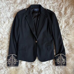 Ralph Lauren Wool Blazer Embroidered Cuff Military Jacket Epaulet Brocade Black
